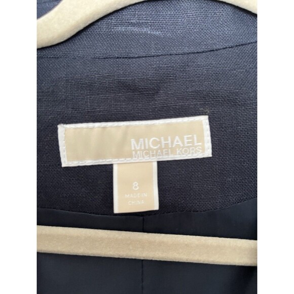 Michael Kors Blazer Womens 8 Navy 100% Linen Scrunch Sleeve Jacket Office Gold - Picture 5 of 8